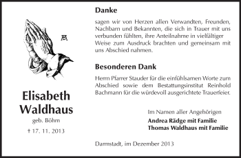 Traueranzeige von Elisabeth Waldhaus von Echo-Zeitungen (Gesamtausgabe)