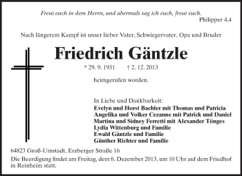 Traueranzeige von Friedrich Gäntzle von Echo-Zeitungen (Gesamtausgabe)