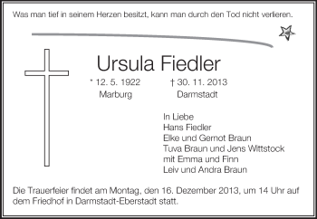 Traueranzeige von Ursula Fiedler von Echo-Zeitungen (Gesamtausgabe)
