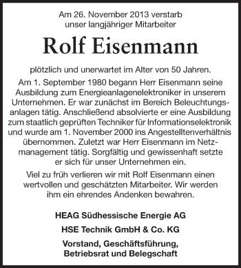 Traueranzeige von Rolf Eisenmann von Echo-Zeitungen (Gesamtausgabe)