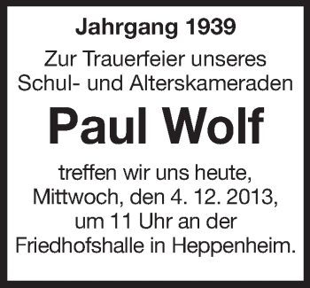 Traueranzeige von Paul Wolf von Starkenburger Echo