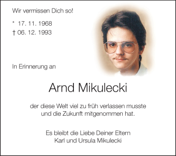 Traueranzeige von Arnd Mikulecki von Darmstädter Echo, Odenwälder Echo, Rüsselsheimer Echo, Groß-Gerauer-Echo, Ried Echo