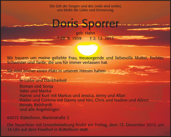 Traueranzeige von Doris Sporrer von Rüsselsheimer Echo, Groß-Gerauer-Echo, Ried Echo