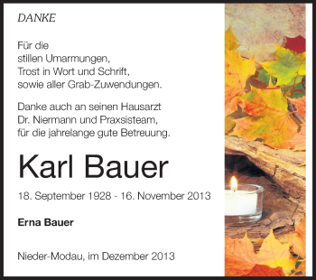 Traueranzeige von Karl Bauer von Echo-Zeitungen (Gesamtausgabe)