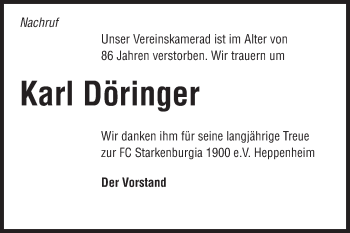 Traueranzeige von Karl Döringer von Starkenburger Echo