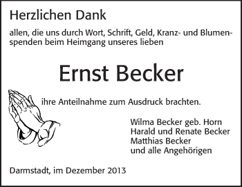 Traueranzeige von Ernst Becker von Echo-Zeitungen (Gesamtausgabe)