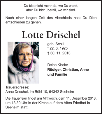 Traueranzeige von Lotte Drischel von Echo-Zeitungen (Gesamtausgabe)