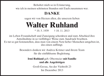 Traueranzeige von Walter Ruhland von Rüsselsheimer Echo, Groß-Gerauer-Echo, Ried Echo