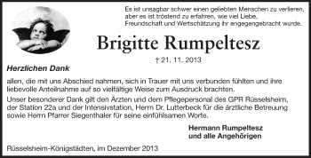 Traueranzeige von Brigitte Rumpeltesz von Rüsselsheimer Echo, Groß-Gerauer-Echo, Ried Echo