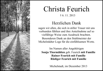Traueranzeige von Christa Feurich von Odenwälder Echo