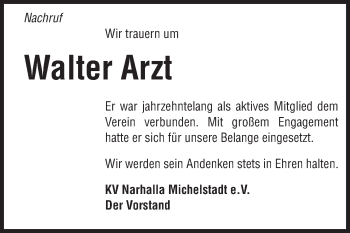 Traueranzeige von Walter Arzt von Odenwälder Echo
