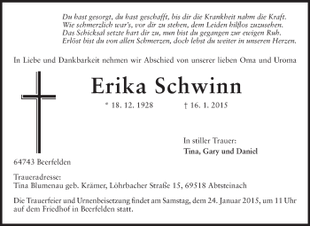 Traueranzeige von Erika Schwinn von Odenwälder Echo