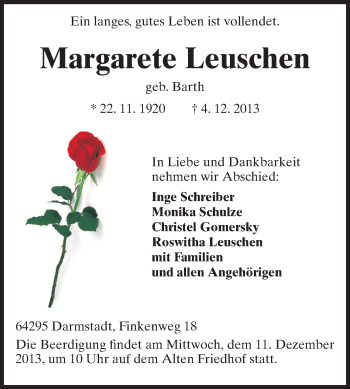 Traueranzeige von Margarete Leuschen von Echo-Zeitungen (Gesamtausgabe)