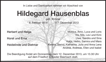 Traueranzeige von Hildegard Hausenblas von Echo-Zeitungen (Gesamtausgabe)