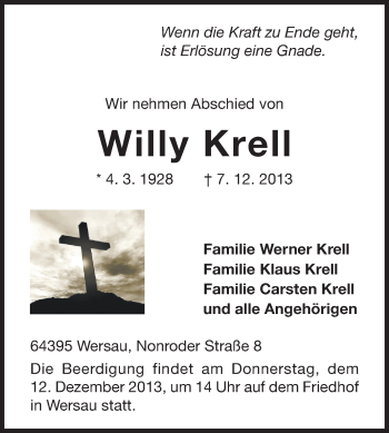 Traueranzeige von Willy Krell von Echo-Zeitungen (Gesamtausgabe)