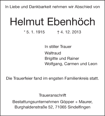 Traueranzeige von Helmut Ebenhöch von Echo-Zeitungen (Gesamtausgabe)