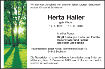 Traueranzeige von Ross Haller von Echo-Zeitungen (Gesamtausgabe)