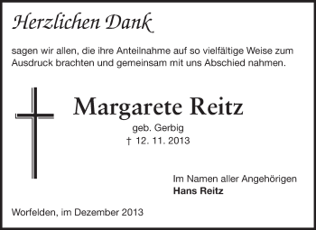 Traueranzeige von Margarete Reitz von Rüsselsheimer Echo, Groß-Gerauer-Echo, Ried Echo