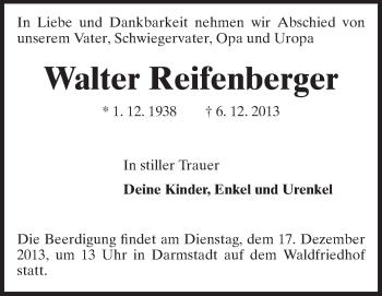 Traueranzeige von Walter Reifenberger von Echo-Zeitungen (Gesamtausgabe)