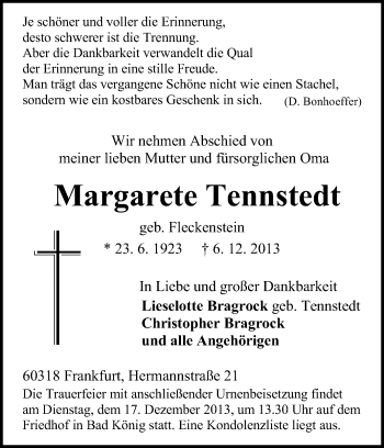 Traueranzeige von Margarete Tennstedt von Odenwälder Echo