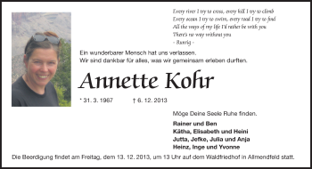 Traueranzeige von Annette Kohr von Rüsselsheimer Echo, Groß-Gerauer-Echo, Ried Echo
