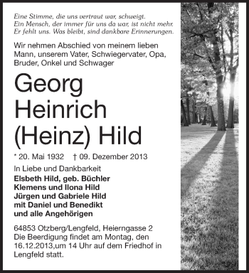 Traueranzeige von Georg Heinrich Hild von Echo-Zeitungen (Gesamtausgabe)