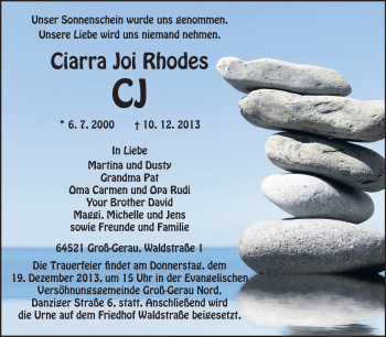 Traueranzeige von Ciarra Joi Rhodes von Rüsselsheimer Echo, Groß-Gerauer-Echo, Ried Echo