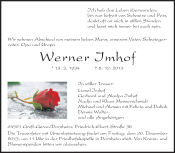 Traueranzeige von Werner Imhof von Rüsselsheimer Echo, Groß-Gerauer-Echo, Ried Echo