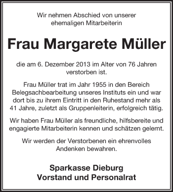 Traueranzeige von Margarete Müller von Echo-Zeitungen (Gesamtausgabe)