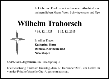 Traueranzeige von Wilhelm Trahorsch von Darmstädter Echo, Odenwälder Echo, Rüsselsheimer Echo, Groß-Gerauer-Echo, Ried Echo