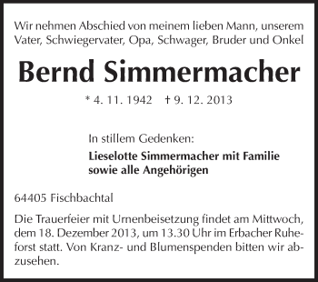 Traueranzeige von Bernd Simmermacher von Echo-Zeitungen (Gesamtausgabe)