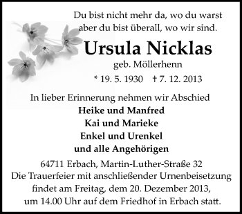 Traueranzeige von Ursula Nicklas von Odenwälder Echo
