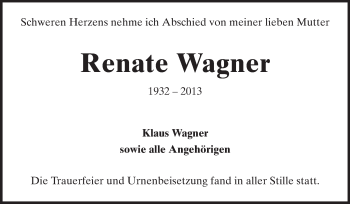Traueranzeige von Renate Wagner von Darmstädter Echo, Odenwälder Echo, Rüsselsheimer Echo, Groß-Gerauer-Echo, Ried Echo