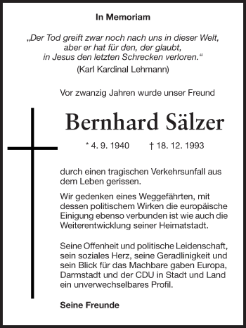 Traueranzeige von Bernhard Sälzer von Echo-Zeitungen (Gesamtausgabe)
