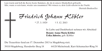 Traueranzeige von Friedrich Johann Köbler von Odenwälder Echo