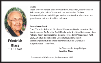 Traueranzeige von Friedrich Blass von Echo-Zeitungen (Gesamtausgabe)
