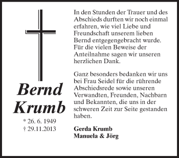 Traueranzeige von Bernd Krumb von Rüsselsheimer Echo, Groß-Gerauer-Echo, Ried Echo
