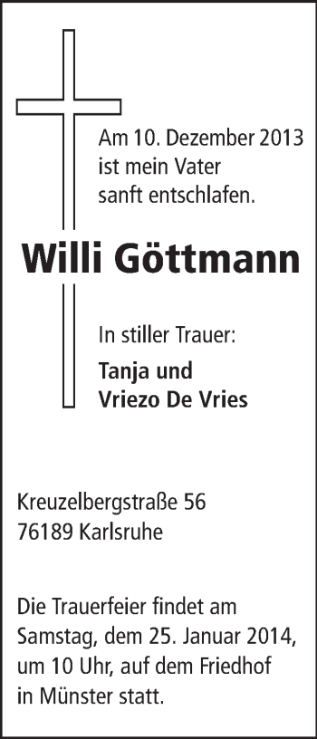 Traueranzeige von Willi Göttmann von Echo-Zeitungen (Gesamtausgabe)