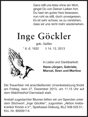Traueranzeige von Inge Göckler von Echo-Zeitungen (Gesamtausgabe)