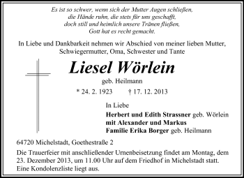 Traueranzeige von Liesel Wörlein von Odenwälder Echo