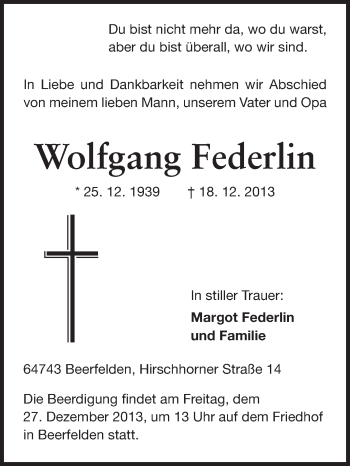 Traueranzeige von Wolfgang Federlin von Odenwälder Echo