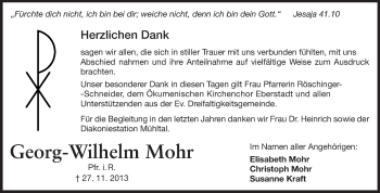 Traueranzeige von Georg-Wilhelm Mohr von Echo-Zeitungen (Gesamtausgabe)