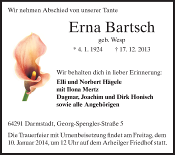 Traueranzeige von Erna Bartsch von Echo-Zeitungen (Gesamtausgabe)