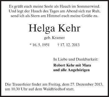 Traueranzeige von Helga Kehr von Echo-Zeitungen (Gesamtausgabe)