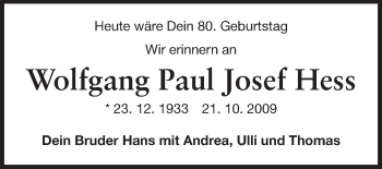 Traueranzeige von Wolfgang Paul Josef Hess von Starkenburger Echo