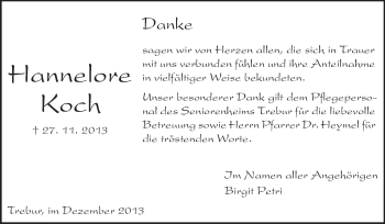 Traueranzeige von Hannelore Koch von Rüsselsheimer Echo, Groß-Gerauer-Echo, Ried Echo