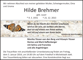Traueranzeige von Hilde Brehmer von Odenwälder Echo