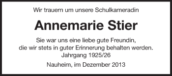 Traueranzeige von Annemarie Stier von Rüsselsheimer Echo, Groß-Gerauer-Echo, Ried Echo