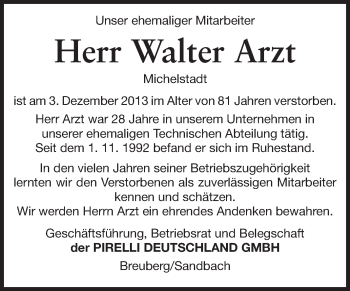 Traueranzeige von Walter Arzt von Odenwälder Echo