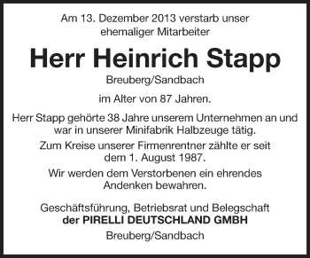 Traueranzeige von Heinrich Stapp von Odenwälder Echo